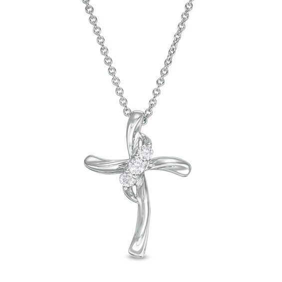 0.145 CT. T.W. Diamond Past Present Future® Curved Cross Pendant in 10K White Gold