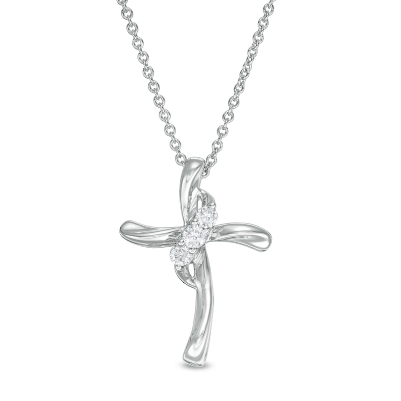 0.145 CT. T.W. Diamond Past Present Future® Curved Cross Pendant in 10K White Gold