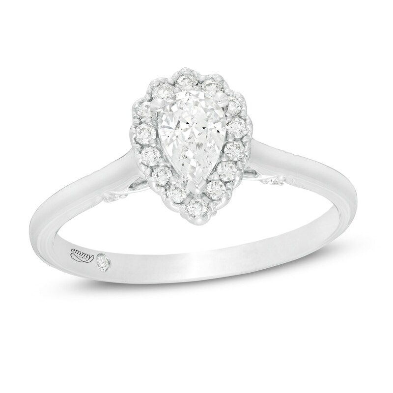 Emmy London 0.60 CT. T.W. Certified Pear-Shaped Diamond Frame Vintage-Style Engagement Ring in 18K White Gold (F/VS2)