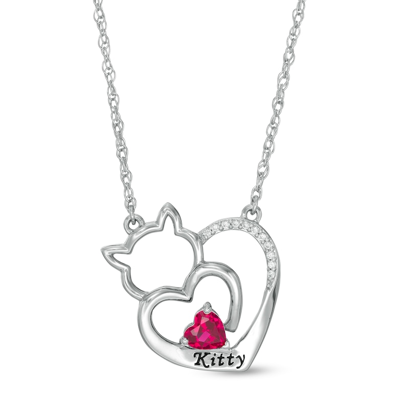 Simulated Birthstone and Diamond Accent Engravable Cat Heart Necklace in Sterling Silver (1 Stone and Line)