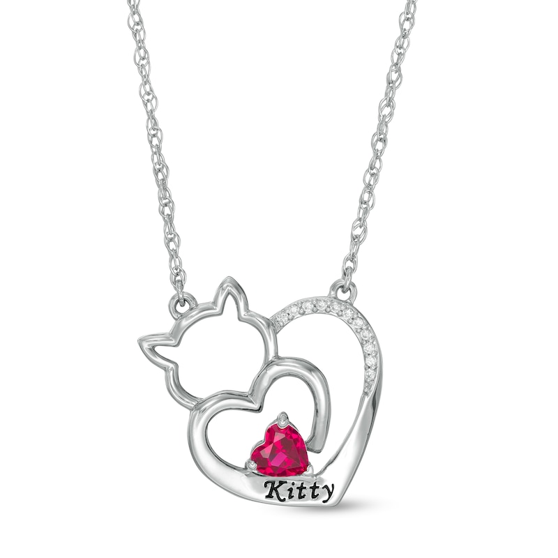 Main Image 1 of Simulated Birthstone and Diamond Accent Engravable Cat Heart Necklace in Sterling Silver (1 Stone and Line)