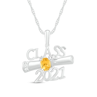 Oval Simulated Birthstone and Diamond Accented Graduation Diploma Class Pendant in Sterling Silver (1 Stone and Year)