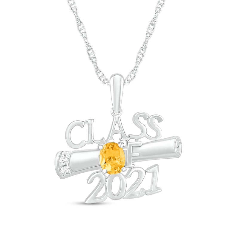 Oval Simulated Birthstone and Diamond Accented Graduation Diploma Class Pendant in Sterling Silver (1 Stone and Year)|Peoples Jewellers