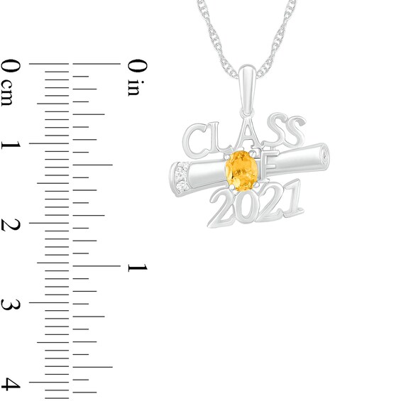 Oval Simulated Birthstone and Diamond Accented Graduation Diploma Class Pendant in Sterling Silver (1 Stone and Year)