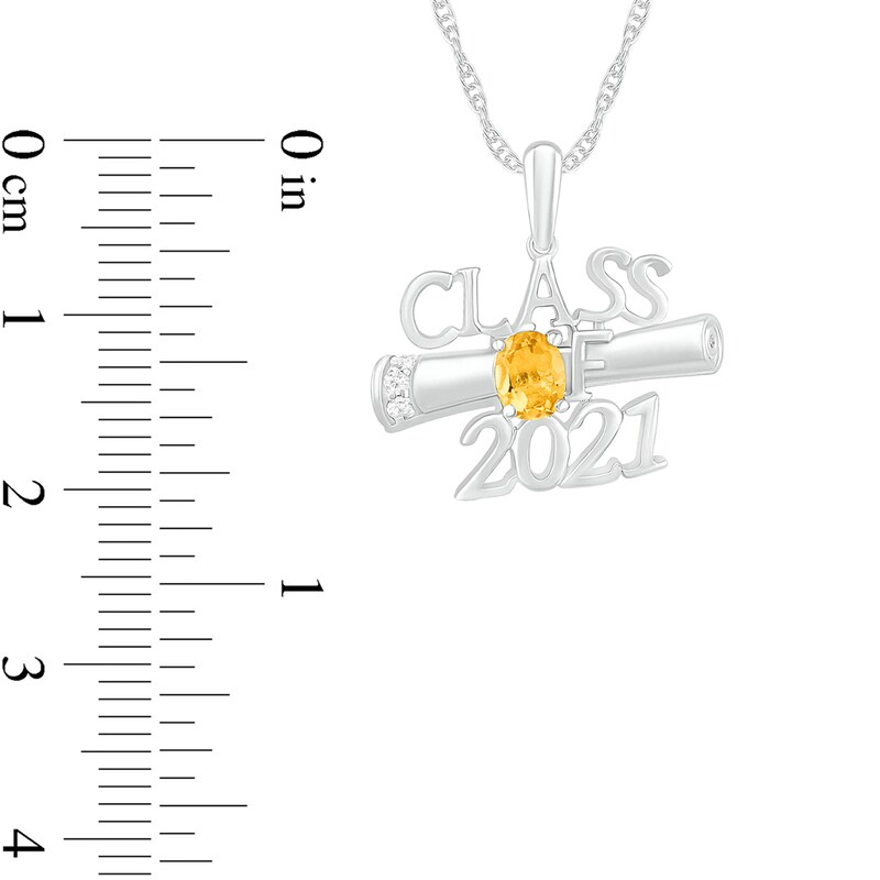 Main Image 3 of Oval Simulated Birthstone and Diamond Accented Graduation Diploma Class Pendant in Sterling Silver (1 Stone and Year)