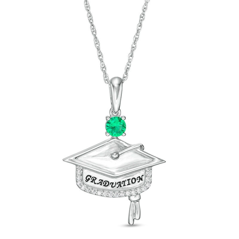 Simulated Birthstone and 1/20 CT. T.W. Diamond Engravable Graduation Cap Pendant in Sterling Silver (1 Stone and Line)