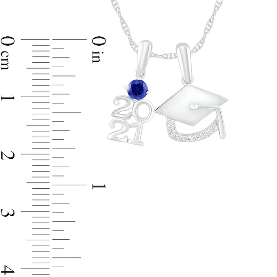 Simulated Birthstone and Diamond Accent Graduation Cap Class Year Charm Pendant in Sterling Silver (1 Stone and Year)