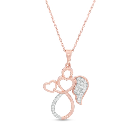 0.085 CT. T.W. Diamond Outline Angel with Heart Vintage-Style Pendant in 10K Rose Gold