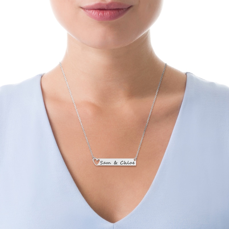 Main Image 2 of Engravable Cut-Out Heart Your Own Handwriting Bar Necklace in Sterling Silver (1 Image and Line)