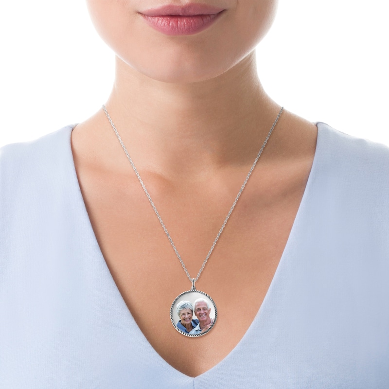 Main Image 2 of Engravable Photo Rope Frame Circle Pendant in Sterling Silver (1 Image and 3 Lines)