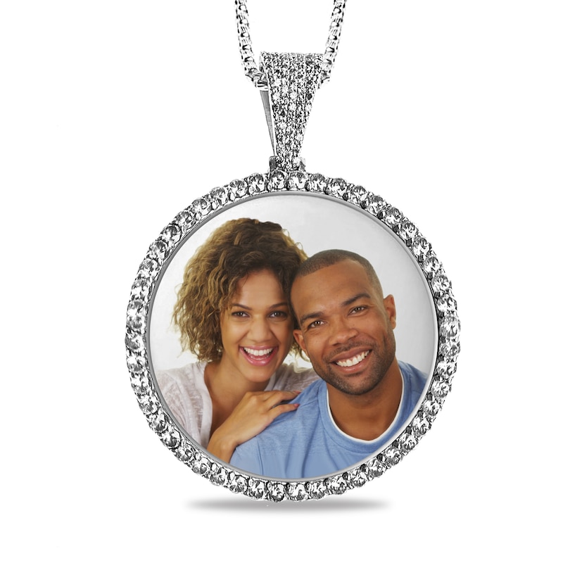 Main Image 1 of White Sapphire Frame Engravable Photo Circle Pendant in Sterling Silver (1 Image and 4 Lines)