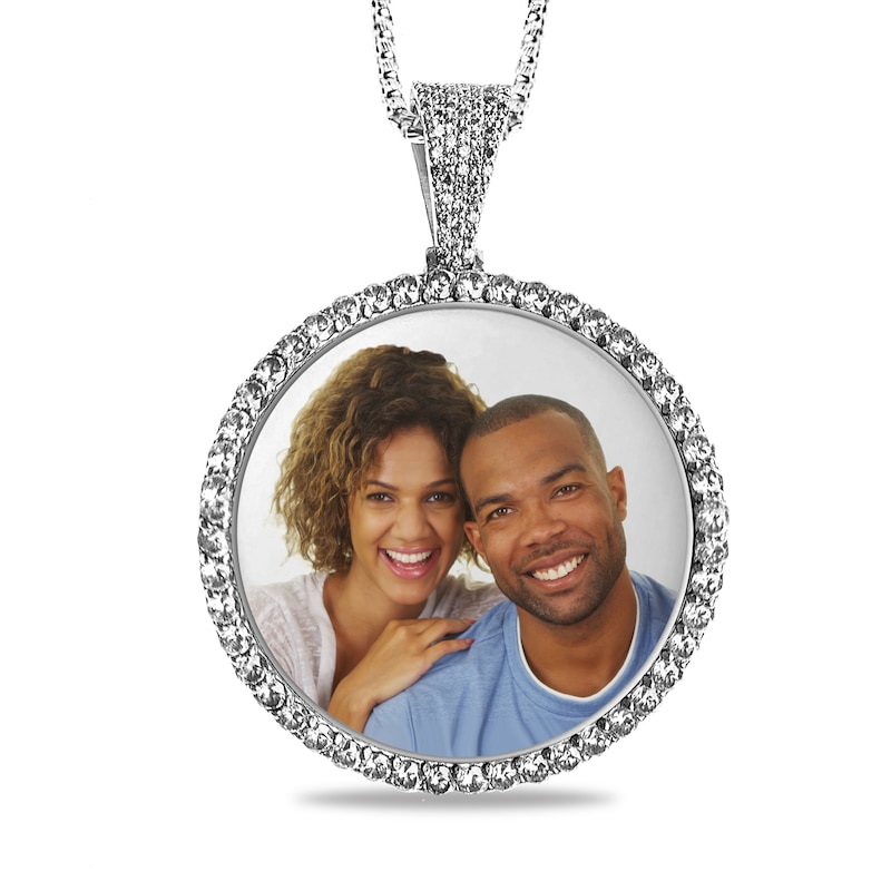 White Sapphire Frame Engravable Photo Circle Pendant in Sterling Silver (1 Image and 4 Lines)|Peoples Jewellers