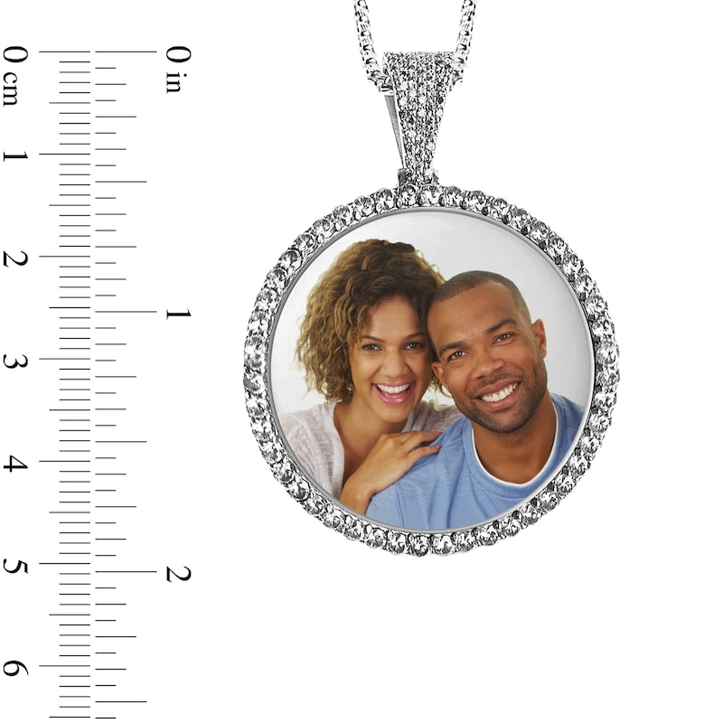 White Sapphire Frame Engravable Photo Circle Pendant in Sterling Silver (1 Image and 4 Lines)