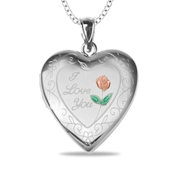 Engravable Enamel Rose Floral &quot;I Love You&quot; Photo Heart Locket in Sterling Silver (1-2 Images and 3 Lines)