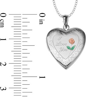 Engravable Enamel Rose Floral "I Love You" Photo Heart Locket in Sterling Silver (1-2 Images and 3 Lines)