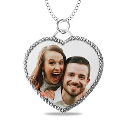 Engravable Photo Rope Frame Heart Pendant in Sterling Silver (1 Image and 3 Lines)