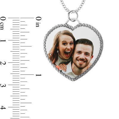Engravable Photo Rope Frame Heart Pendant in Sterling Silver (1 Image and 3 Lines)
