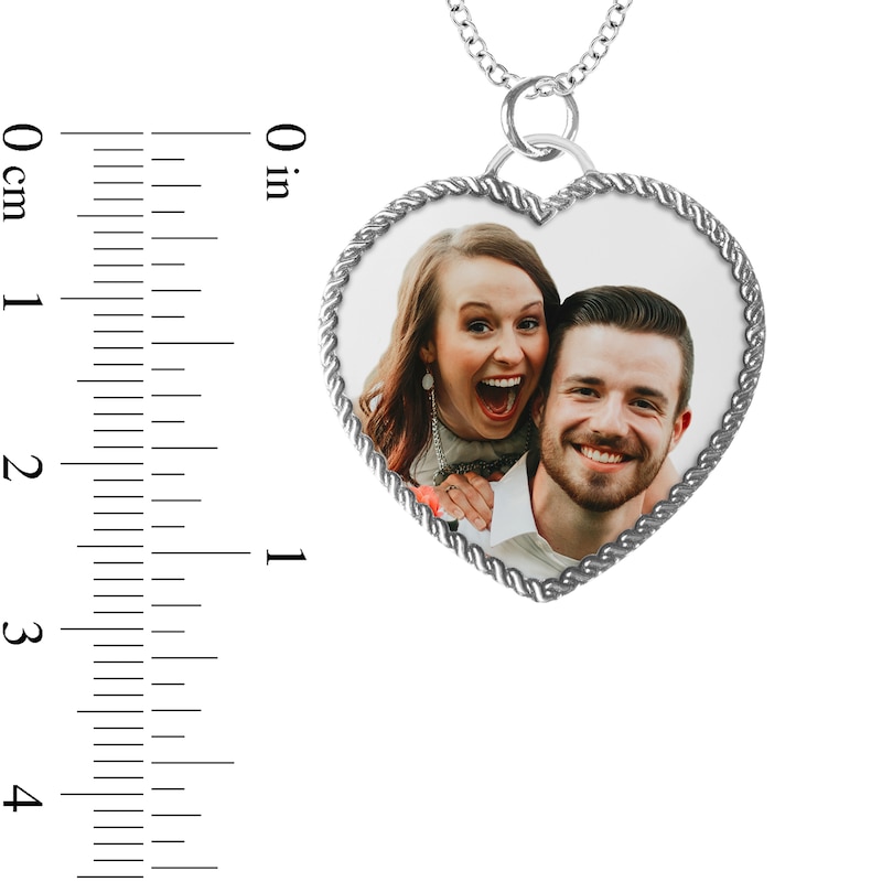 Engravable Photo Rope Frame Heart Pendant in Sterling Silver (1 Image and 3 Lines)