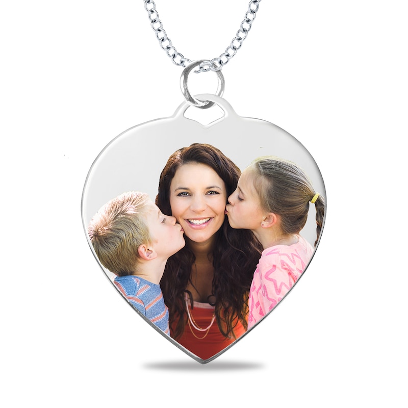 Medium Engravable Photo Heart Pendant in Sterling Silver (1 Image and 3 Lines)