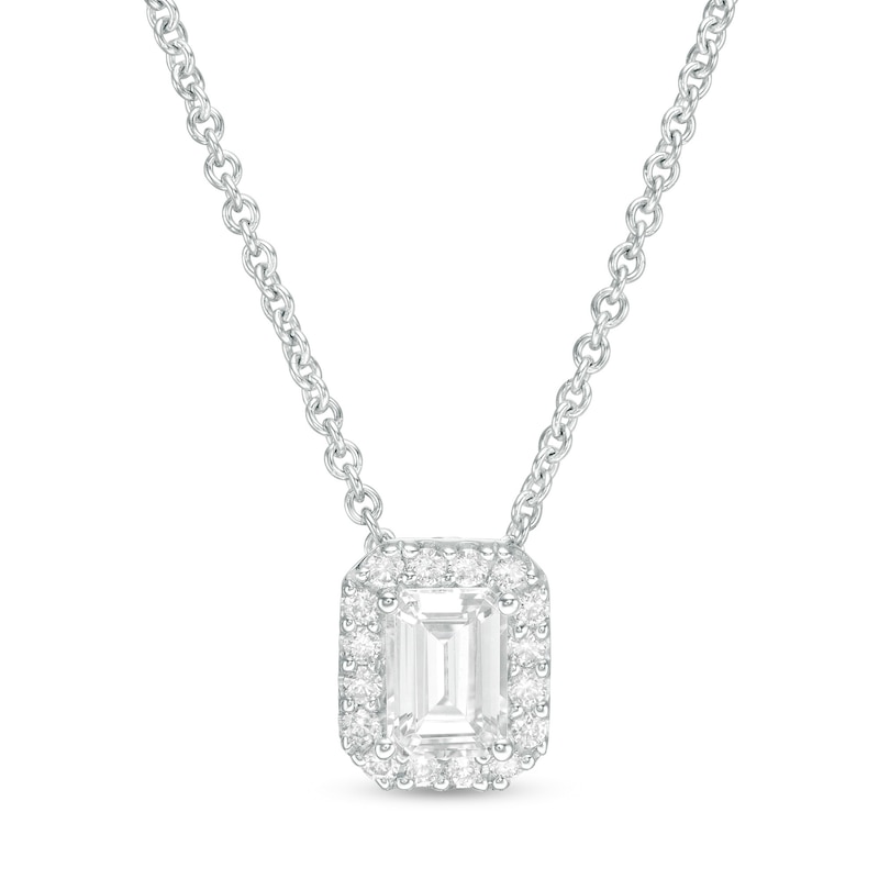 Main Image 1 of 0.45 CT. T.W. Certified Emerald-Cut Diamond Frame Pendant in 14K White Gold (I/SI2)