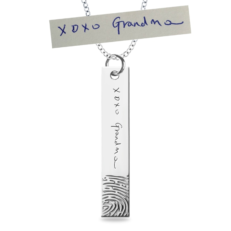 Engravable Print and Your Own Handwriting Vertical Bar Pendant in Sterling Silver (1 Image and Line)