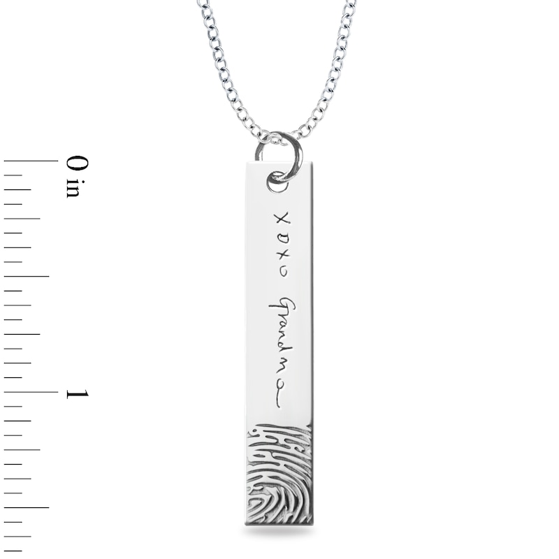 Engravable Print and Your Own Handwriting Vertical Bar Pendant in Sterling Silver (1 Image and Line)