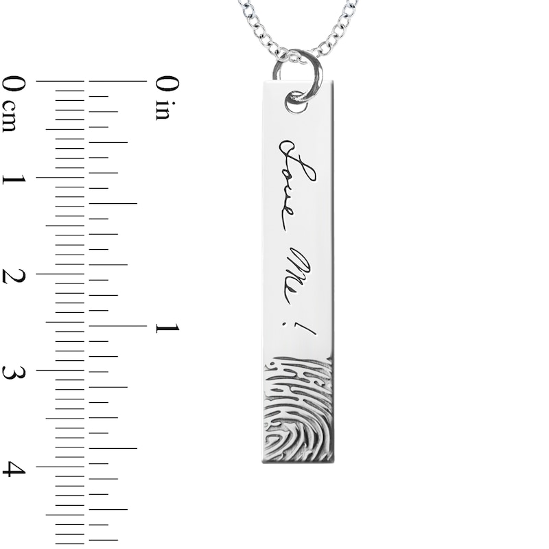 Engravable Print and Your Own Handwriting Vertical Bar Pendant in Sterling Silver (1 Image and Line)