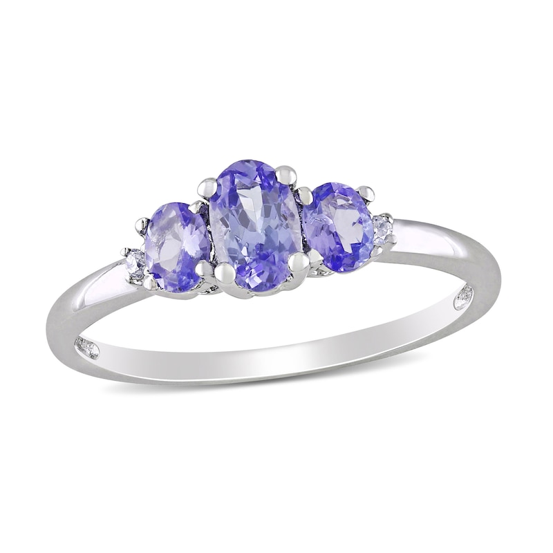 Oval Tanzanite and Diamond Accent Three Stone Ring in 10K White Gold|Peoples Jewellers