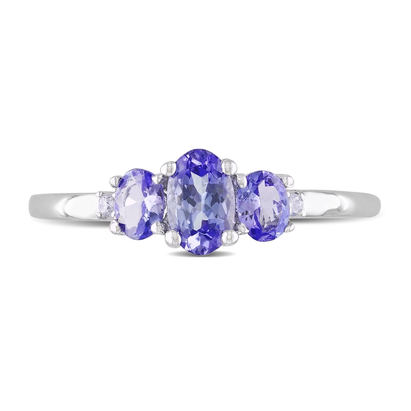 Main Image 4 of Oval Tanzanite and Diamond Accent Three Stone Ring in 10K White Gold