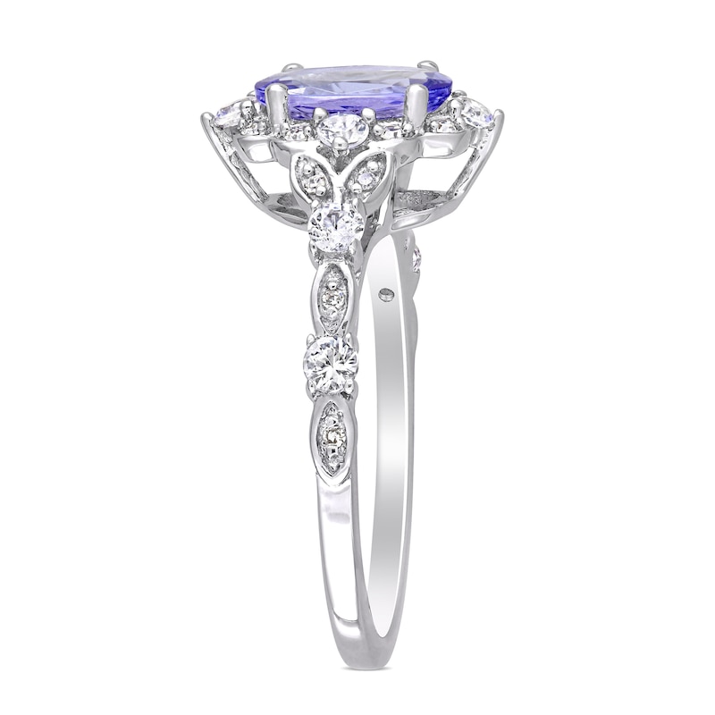 Main Image 3 of Oval Tanzanite, White Sapphire and 0.06 CT. T.W. Diamond Vintage-Style Ring in 14K White Gold