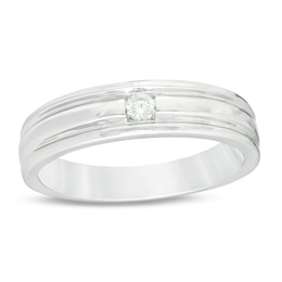 Men's 0.04 CT. Diamond Solitaire Groove Wedding Band in Sterling Silver