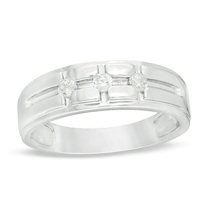 Men's 0.18 CT. T.W. Diamond Three Stone Groove Wedding Band in 10K White Gold|Peoples Jewellers