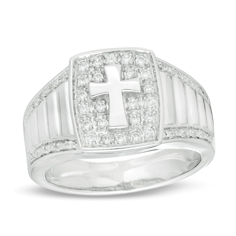 Main Image 1 of Men's 0.29 CT. T.W. Diamond Cross Ribbed Shank Ring in Sterling Silver