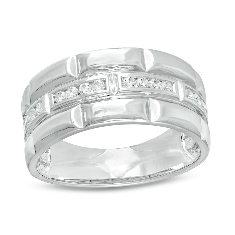 Men's 0.23 CT. T.W. Diamond Trio Station Brick Pattern Wedding Band in 10K White Gold|Peoples Jewellers