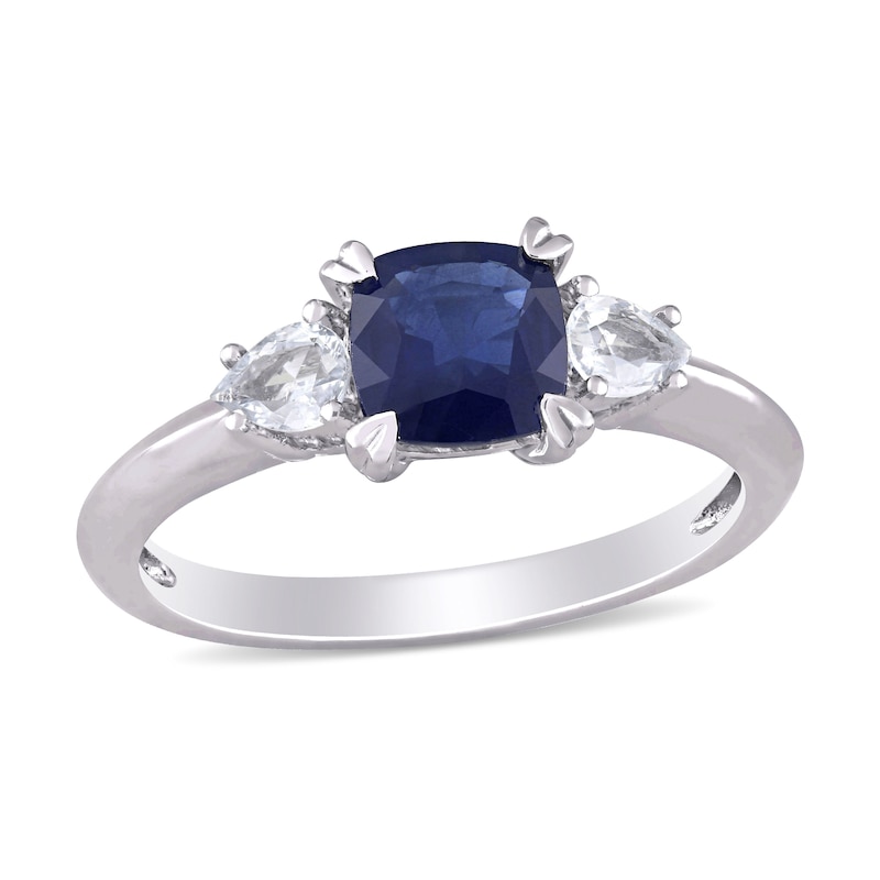 Main Image 1 of 6.0mm Cushion-Cut and Pear-Shaped Blue and White Sapphire Three Stone Ring in 14K White Gold