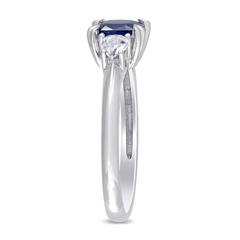 Main Image 3 of 6.0mm Cushion-Cut and Pear-Shaped Blue and White Sapphire Three Stone Ring in 14K White Gold