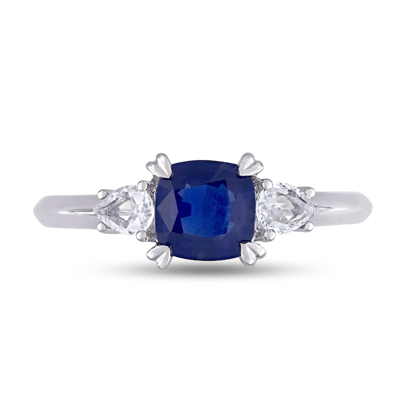 Main Image 4 of 6.0mm Cushion-Cut and Pear-Shaped Blue and White Sapphire Three Stone Ring in 14K White Gold