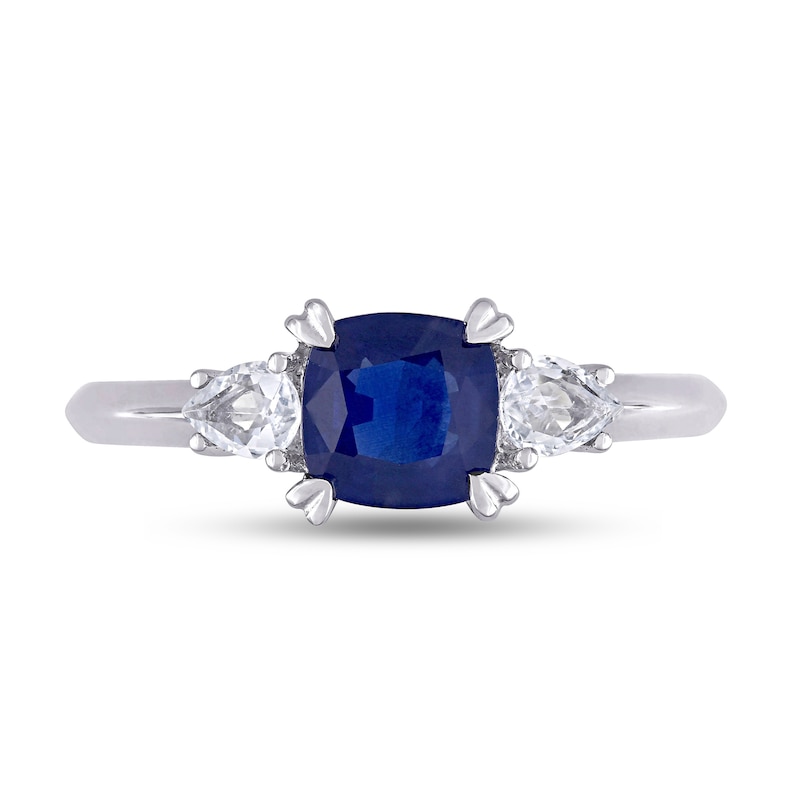 6.0mm Cushion-Cut and Pear-Shaped Blue and White Sapphire Three Stone Ring in 14K White Gold