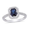 Thumbnail Image 0 of Emerald-Cut Blue Sapphire and 0.24 CT. T.W. Diamond Open Frame Ring in 14K White Gold