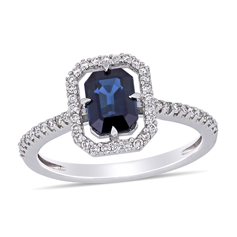 Emerald-Cut Blue Sapphire and 0.24 CT. T.W. Diamond Open Frame Ring in ...
