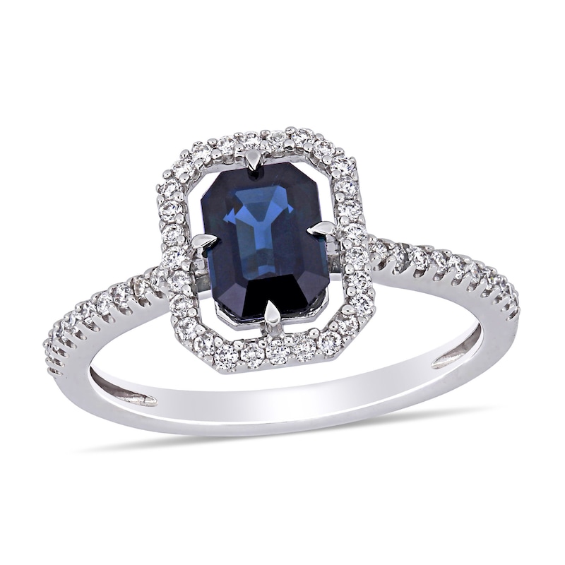 Emerald-Cut Blue Sapphire and 0.24 CT. T.W. Diamond Open Frame Ring in 14K White Gold|Peoples Jewellers