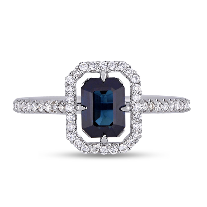 Emerald-Cut Blue Sapphire and 0.24 CT. T.W. Diamond Open Frame Ring in 14K White Gold