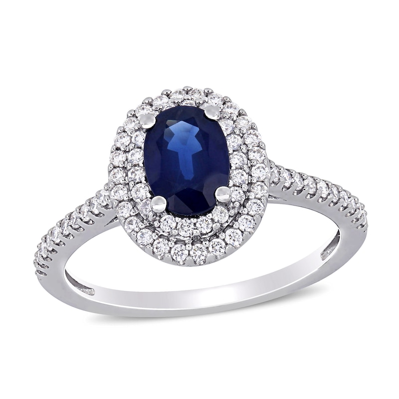 Oval Blue Sapphire and 0.32 CT. T.W. Diamond Double Frame Ring in 14K White Gold|Peoples Jewellers