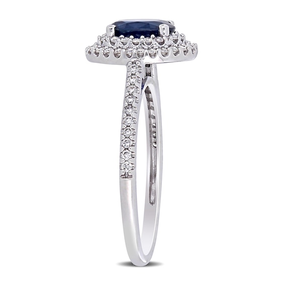 Oval Blue Sapphire and 0.32 CT. T.W. Diamond Double Frame Ring in 14K White Gold