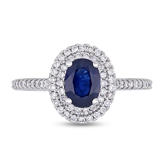 Oval Blue Sapphire and 0.32 CT. T.W. Diamond Double Frame Ring in 14K White Gold