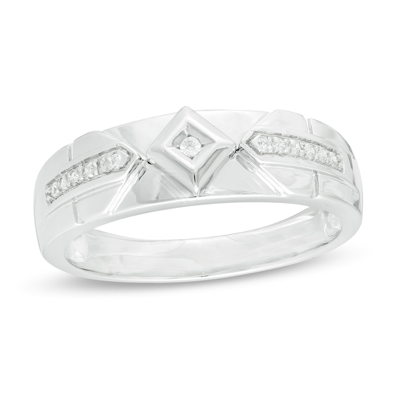 Main Image 1 of Men's 0.085 CT. T.W. Diamond Geometric Wedding Band in Sterling Silver - Size 10