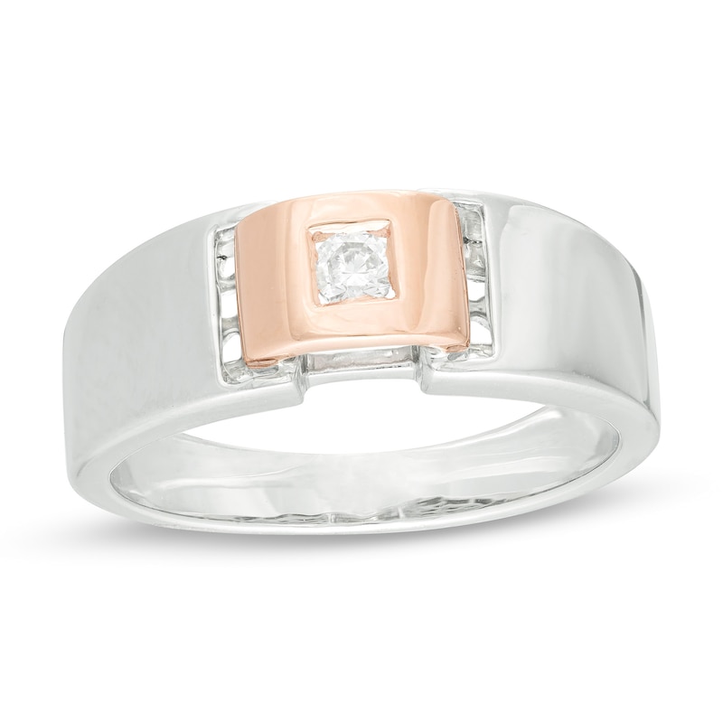 Men's 0.115 CT. Diamond Solitaire Buckle Ring in Sterling Silver and 10K Rose Gold|Peoples Jewellers