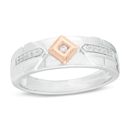 Men's 0.085 CT. T.W. Diamond Geometric Wedding Band in Sterling Silver and 10K Rose Gold