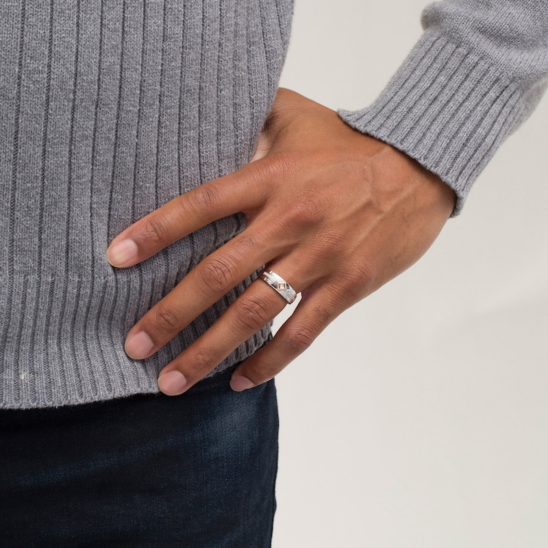 Main Image 2 of Men's 0.085 CT. T.W. Diamond Geometric Wedding Band in Sterling Silver and 10K Rose Gold