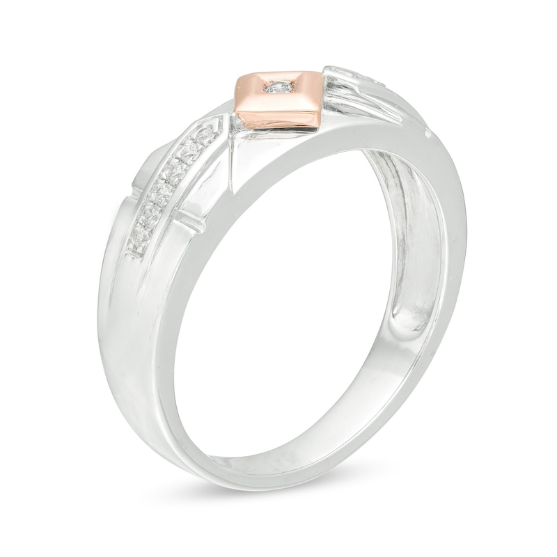 Main Image 3 of Men's 0.085 CT. T.W. Diamond Geometric Wedding Band in Sterling Silver and 10K Rose Gold